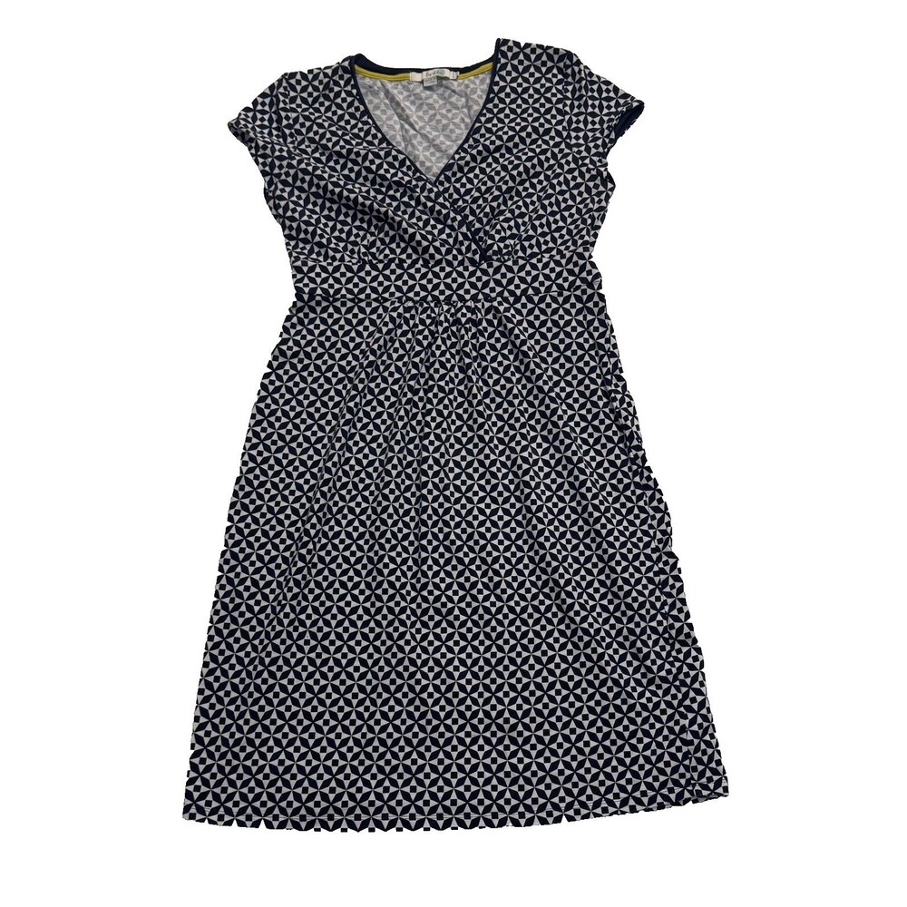 Boden Dress Womens 8 Navy White Geo Print V Neck Short Sleeve Knee Length
